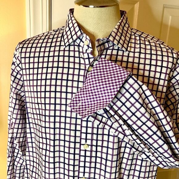 NWOT Men's Lot of 2 Thomas Dean Plaid Check Flip Cuff Shirts Size  XXL  2XL - Picture 3 of 5